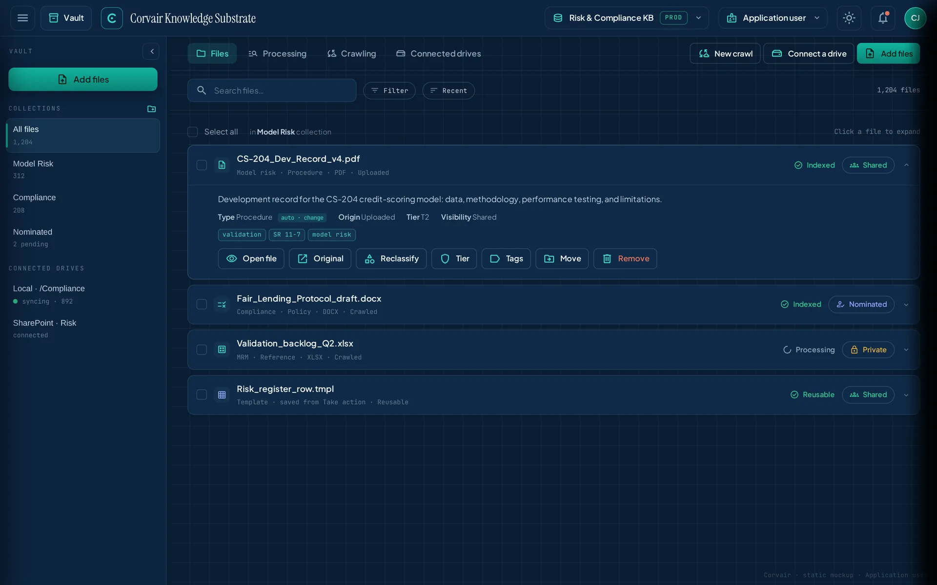 The Vault view in the Corvair workbench, showing personal knowledge files, their current status, and the actions available on them.