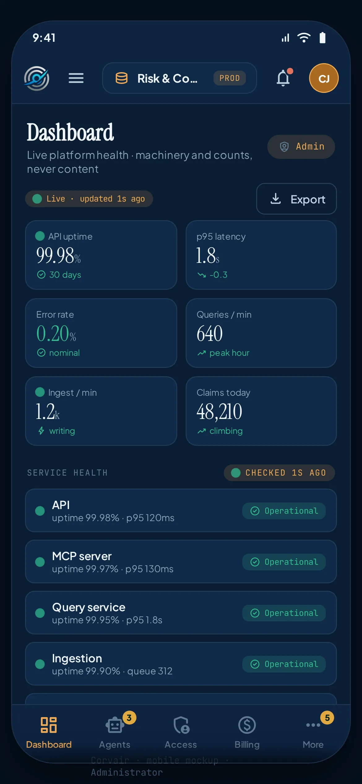 The mobile app, admin role.