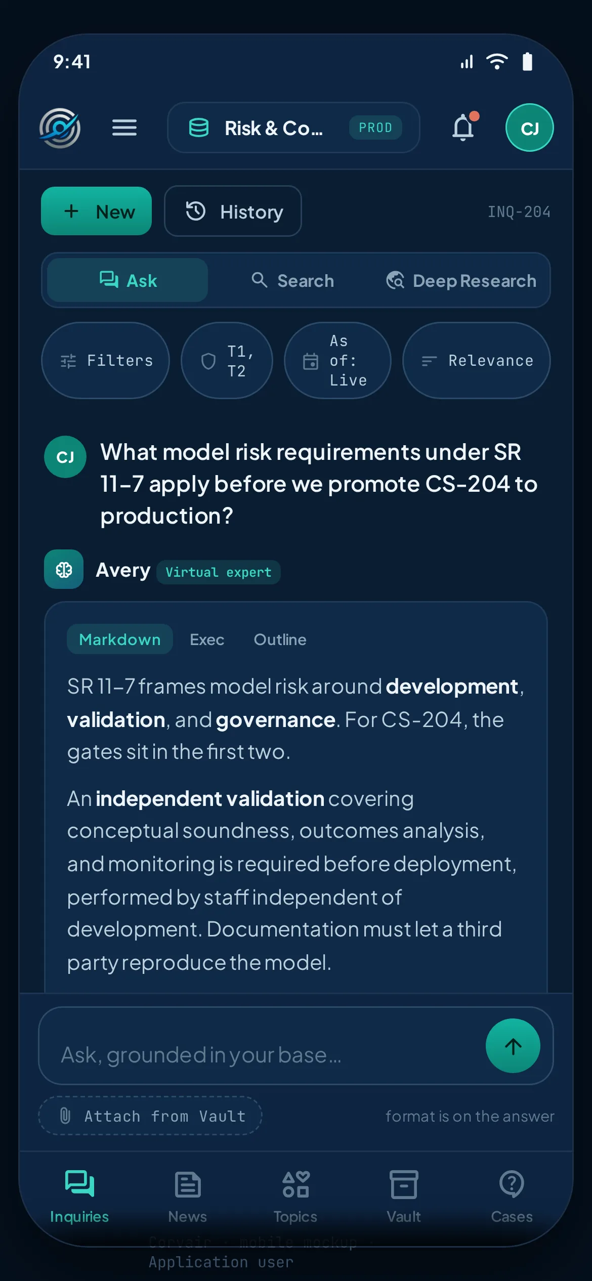 The mobile app, user role: Ask on the governed base with a bottom tab bar.