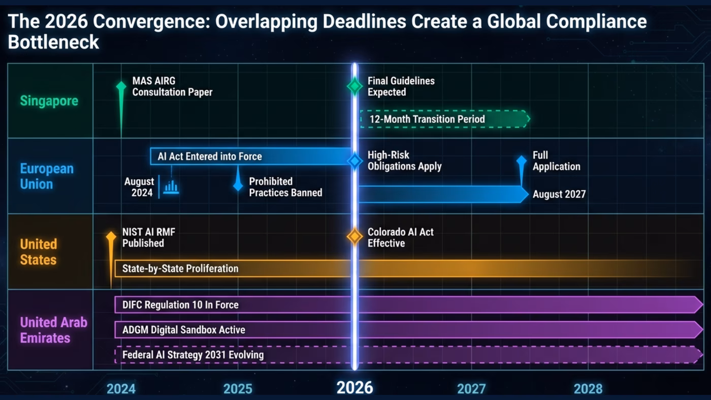 Regulatory timeline showing MAS AIRG, EU AI Act, US, UAE convergence