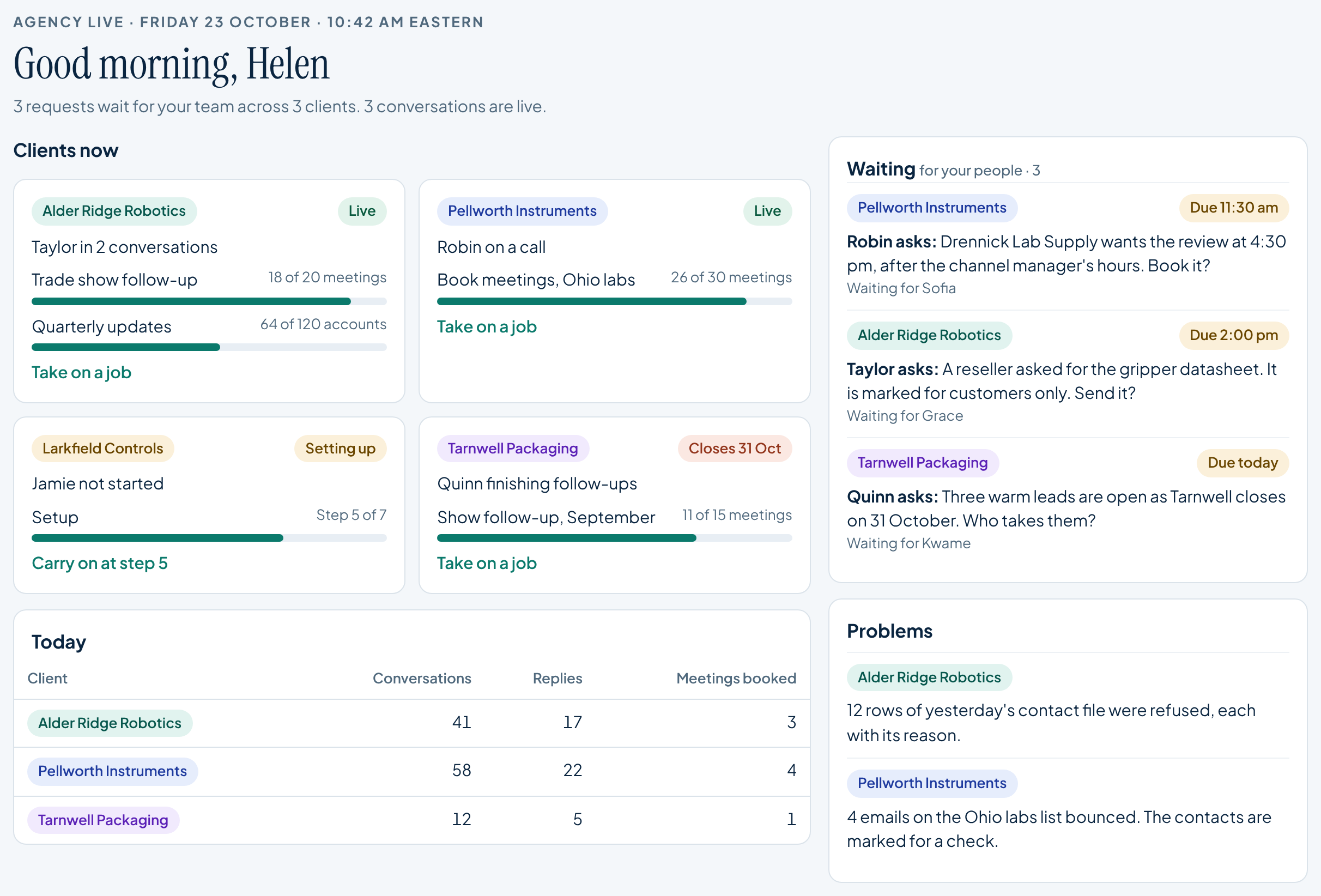 Agency Desk design showing separate clients, running jobs and waiting requests