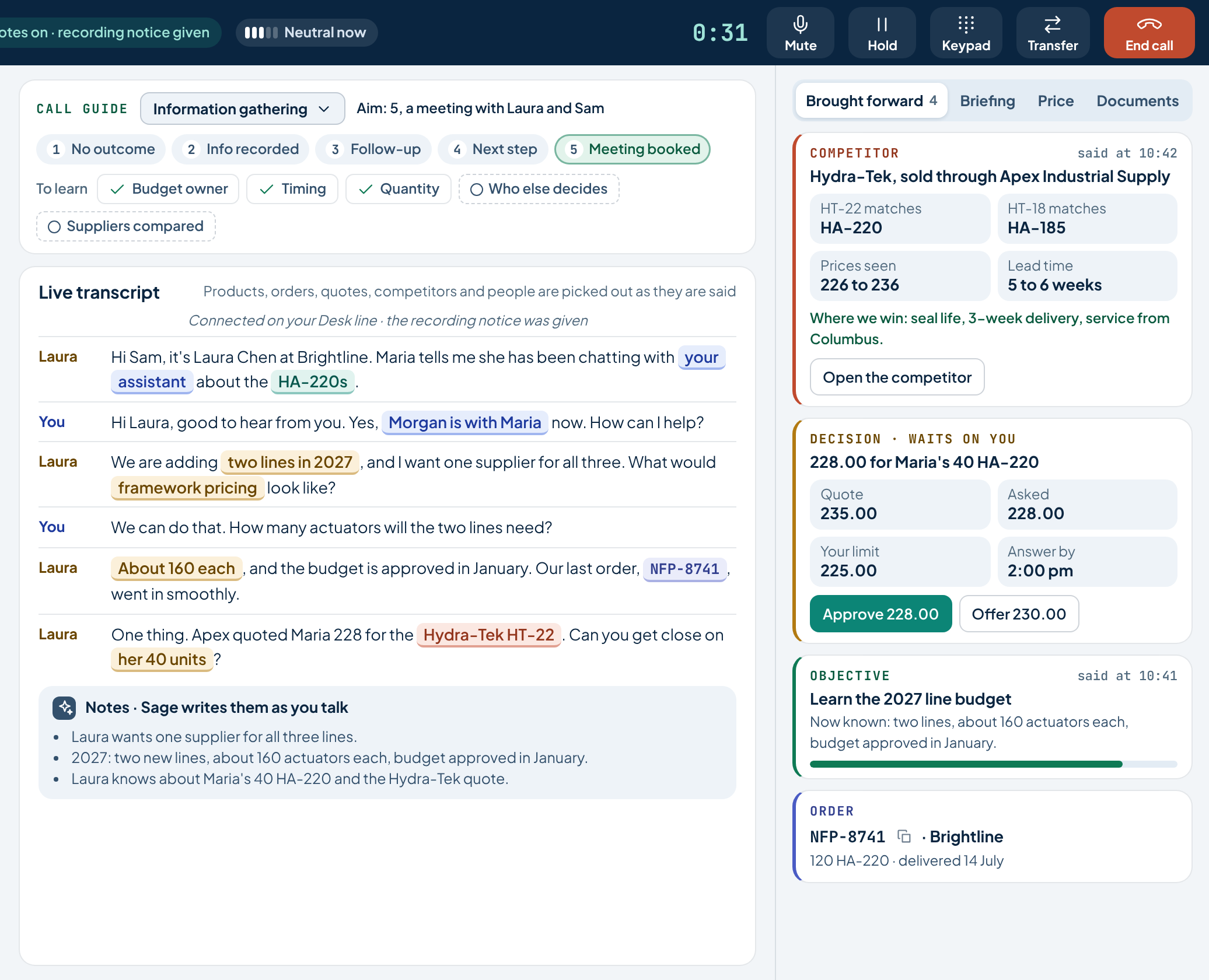 Live Rep Desk design with integrated softphone, call guide, transcript, notes and a waiting decision