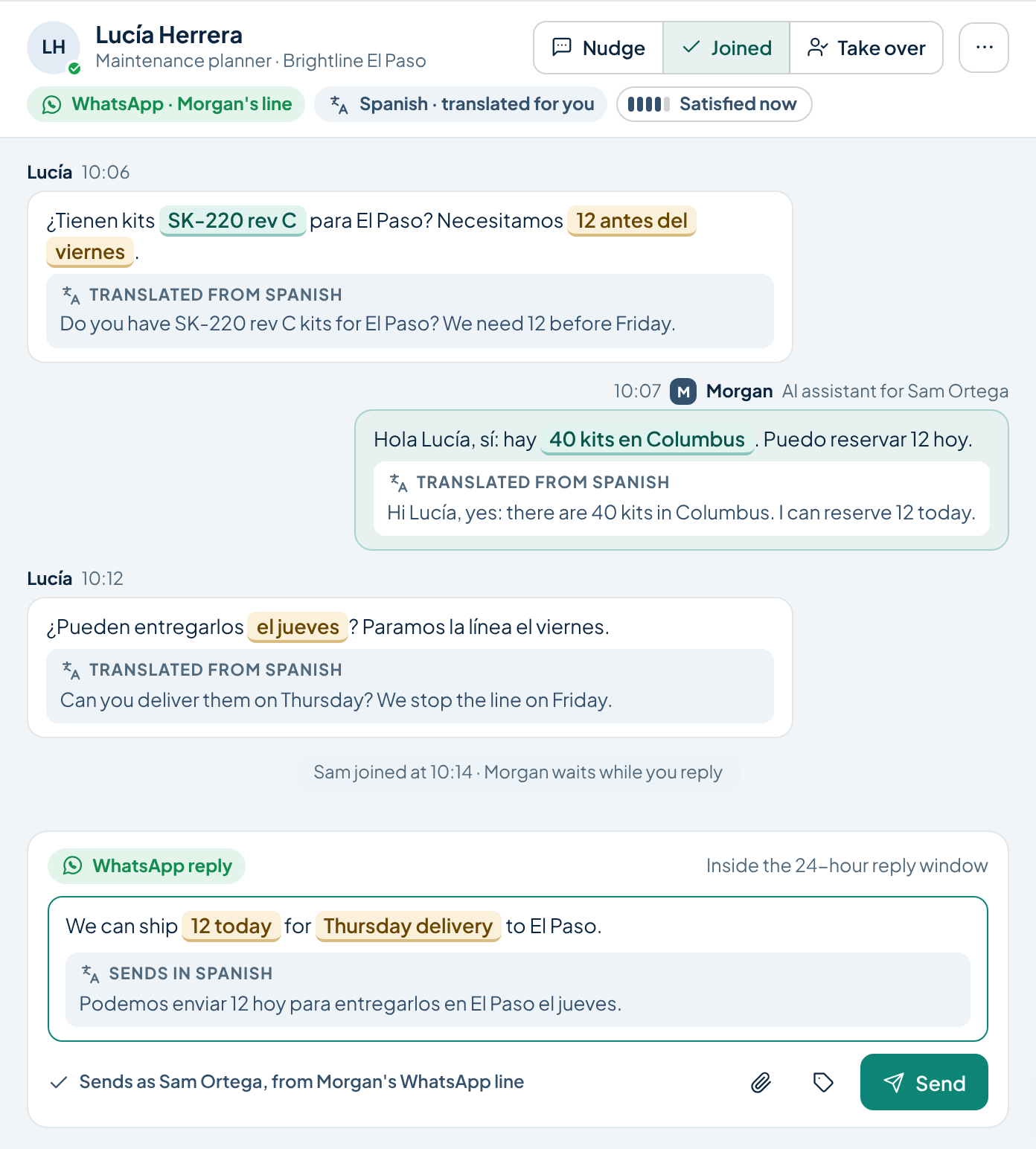 WhatsApp conversation product design with human guidance and takeover controls