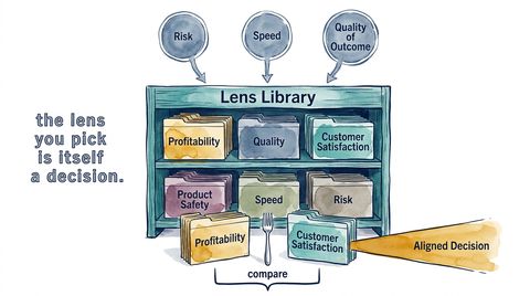 Figure 06-03. Lenses and Logic Produce Aligned Decisions. A curated logic system processes work through shared lenses (risk, speed, quality, and other Role-specific priorities) while applying veto conditions and points of view derived from past decisions.