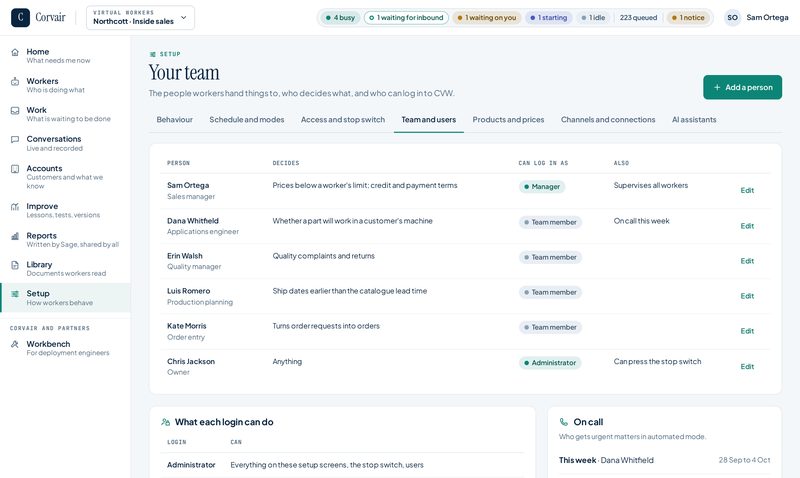 Team and users screen